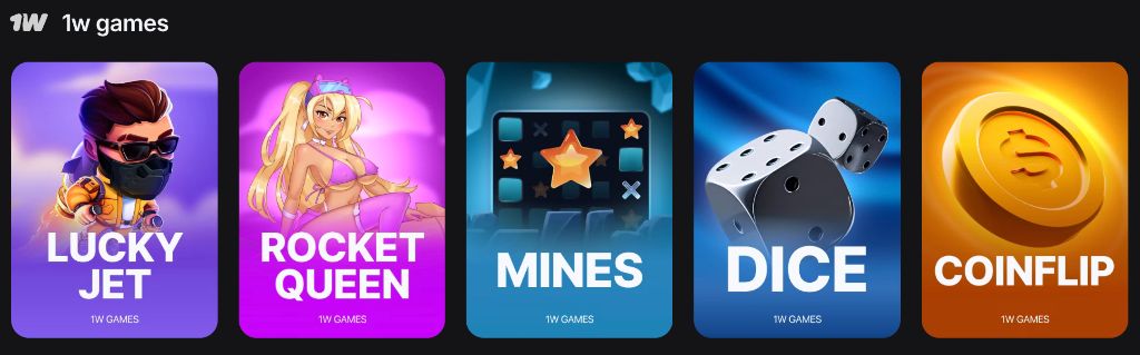 1w games в приложении оператора — Lucky Jet, Rocket Queen, Mines, Dice, Coinflip